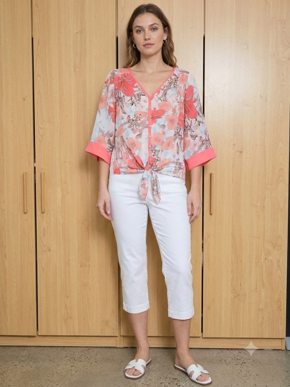 Point Zero Coral Floral Tie-Front Blouse